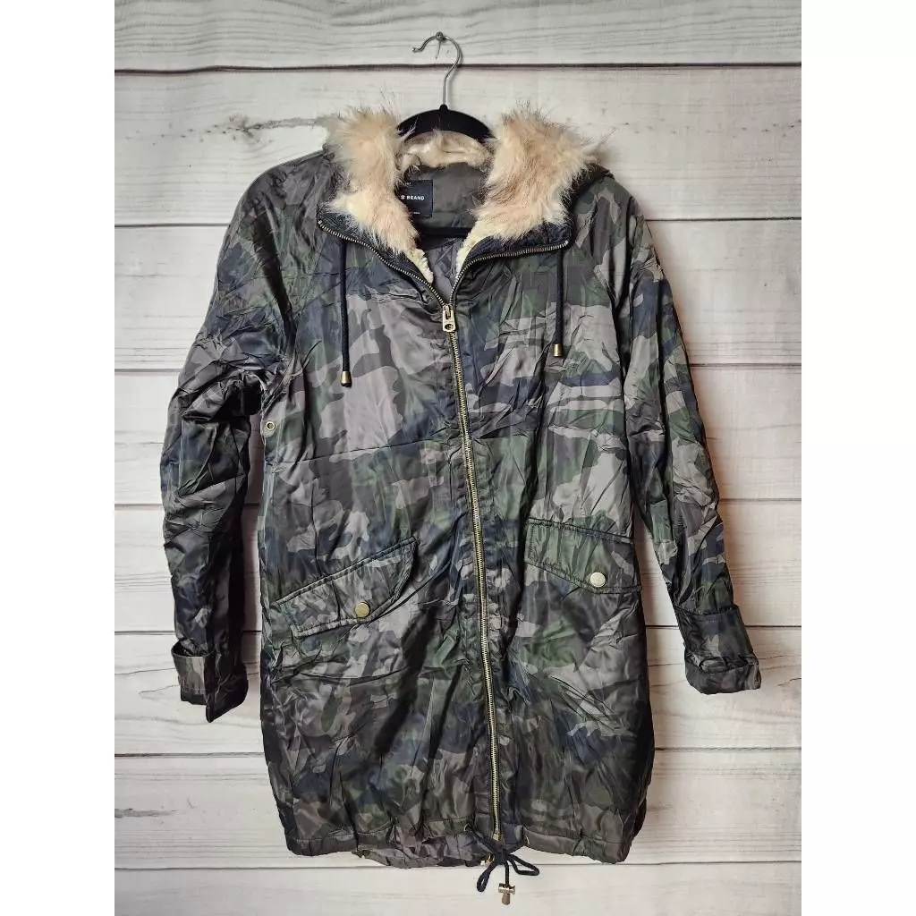 Lucky Brand Womens Parka Jacket Coat Camo Pockets Hooded Faux Fur Trim Zip  XS