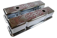 Small Block Chevy SBC Chrome Steel Tall Red Flamed Valve Cover 283 327 350 400