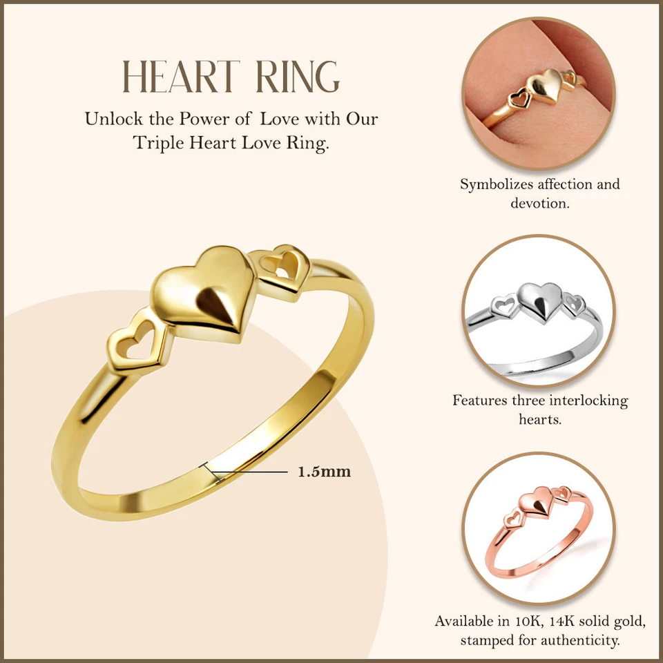 Gold Triple Heart Love Ring (Available in Yellow/Rose/White Gold) - Image 3 of 4