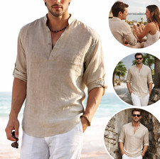Men's Cotton Linen Henley Long Sleeve Shirt Casual Beach T-shirt Tee Summer Gift