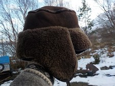 Vintage 70s Sheepskin Shearling Brown Trapper Trooper Ushanka Hat (PB1)