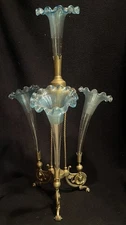 Victorian Egyptian Revival Epergne Aqua Threaded Glass 4 Horns Gilt Isis Base