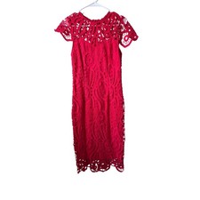 Boohoo Red Crochet Lace Midi Dress Short Sleeve Bodycon Scallop Hem US 8