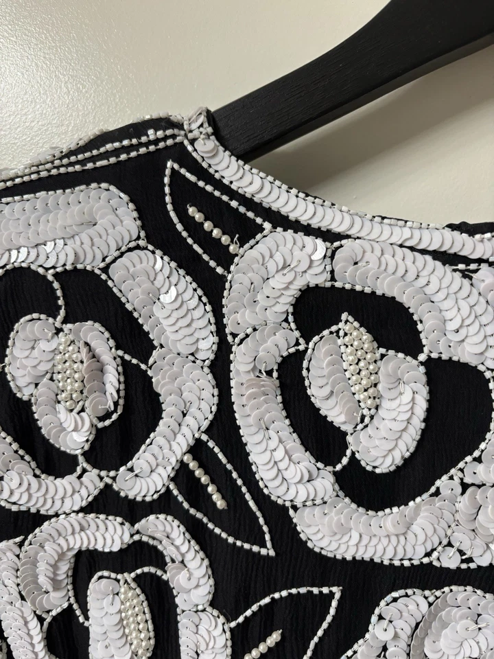 Camisa de Noche Formal Stenay Vintage Años 80 Lentejuelas de Seda ☼Cuentas a Mano Talla Grande Foto 4 de 4