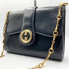 GUCCI One Shoulder Leather Handbag Black Gold Chain Vintage Bag Rare Authentic