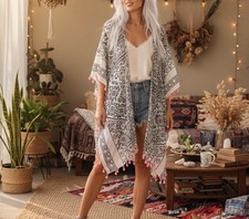Woven Heart Women's Kimono Duster Open Front Lightweight Cover Up Tassel Boho