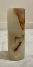 Marbled Onyx Candle Holder Cylinder Vase Carved Stone Pencil Cup GORGEOUS