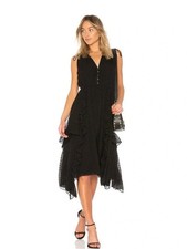 $550 ULLA JOHNSON Black Silk Cotton Gold Button Swiss Dot Midi Dress 4 EUC
