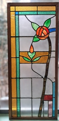 Antique  Art Nouveau Stained Glass Window/Door Framed Panel   Handcrafted Floral