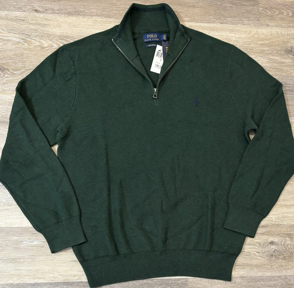 NWT Polo Ralph Lauren Men’s 1/4 Zip Sweater Large Green Pima Cotton Waffle Knit - Image 4 of 4