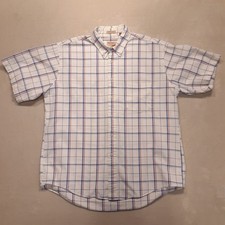The Fox Collection Mens SS Vintage Button Shirt Large White/Blue Plaid Cotton