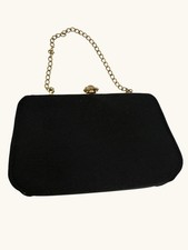 Vintage Black Fabric Evening Clutch Gold Chain Rhinestone Flower Clasp Formal