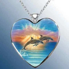 Heart Shape Animal Dolphins Pendant Necklace Alloy Jewelry Gift Picture Necklace
