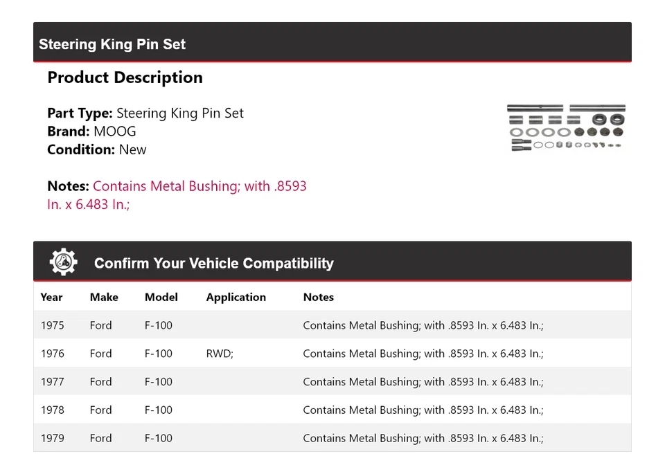 Juego de pasadores de dirección King para Ford F-100 1975-1979 MOOG 1975 1976 1977 1978 1979 Foto 2 de 3