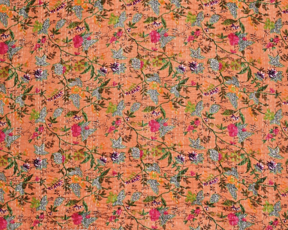 Индийское покрывало Kantha Quilt хлопковое одеяло персиковый цвет покрывало хиппи гудари - Изображение 4 из 4