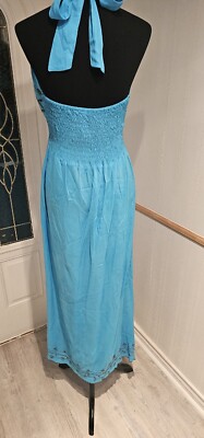 Ocean Breeze Turquoise w.Brown Crotchet/Embroidery Halter Backless Maxi  Dress M | eBay