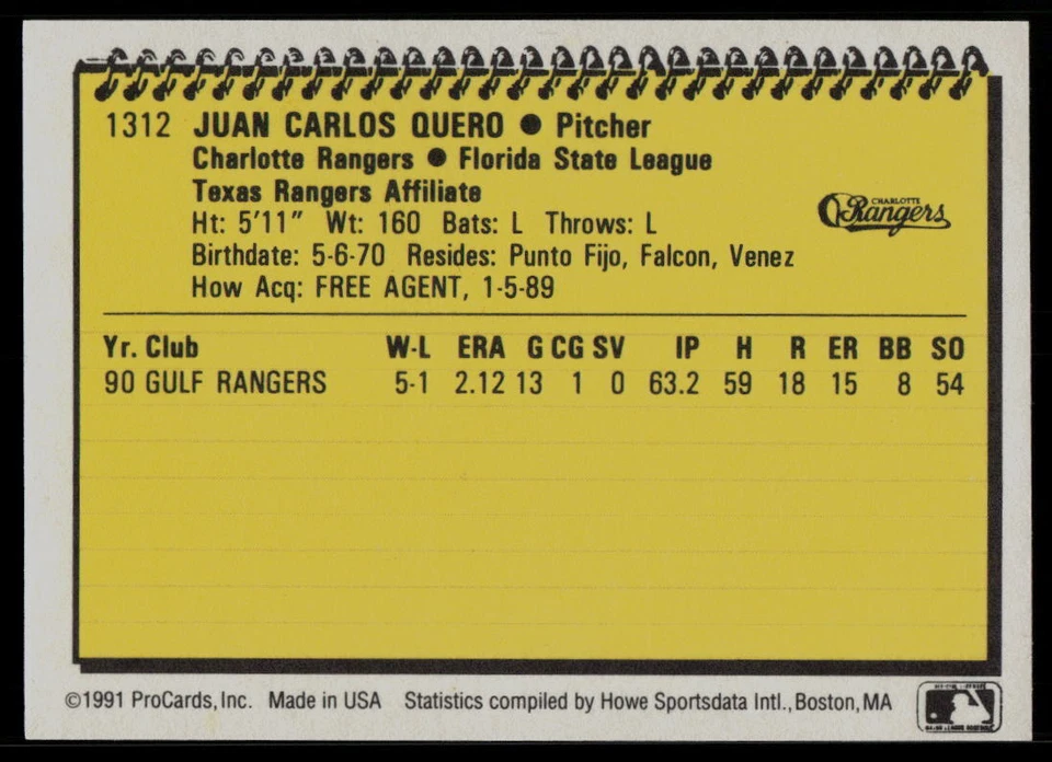 1991 ProCards Juan Quero Charlotte Rangers - Image 2 of 2