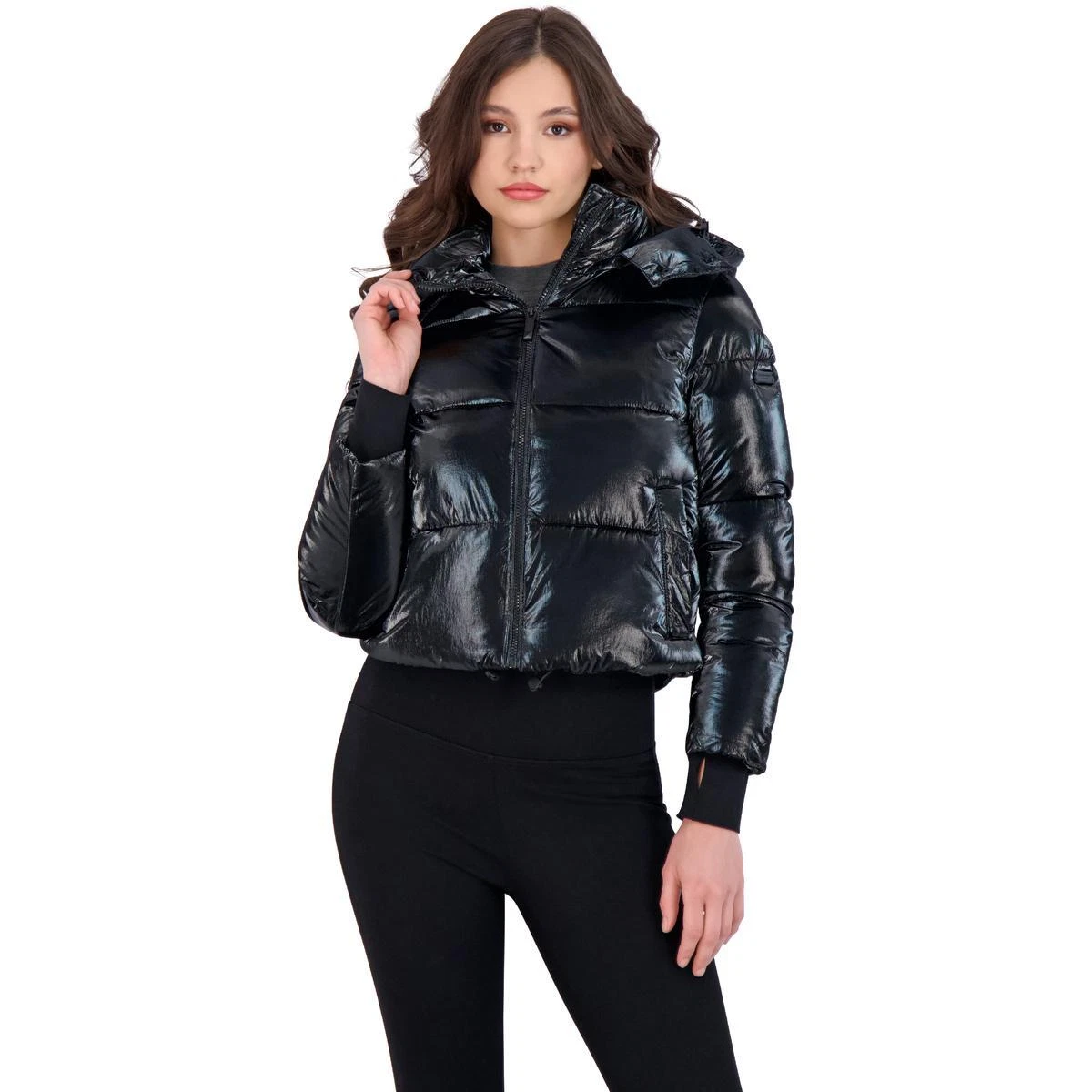 BCBGMAXAZRIA Womens Cropped Liquid Puffer Black Patent Puffer Coat M BHFO 1128