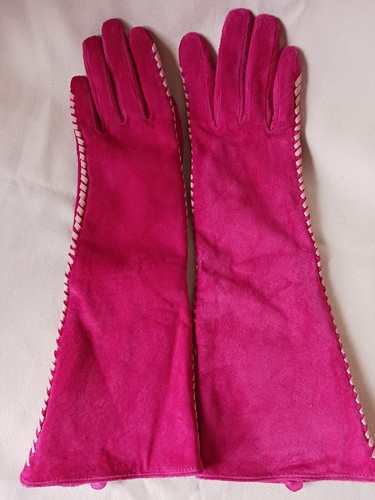 Stunning bright pink Renee's suede leather gloves w pink stitches 1/2 arm Size 7 - Picture 2 of 4