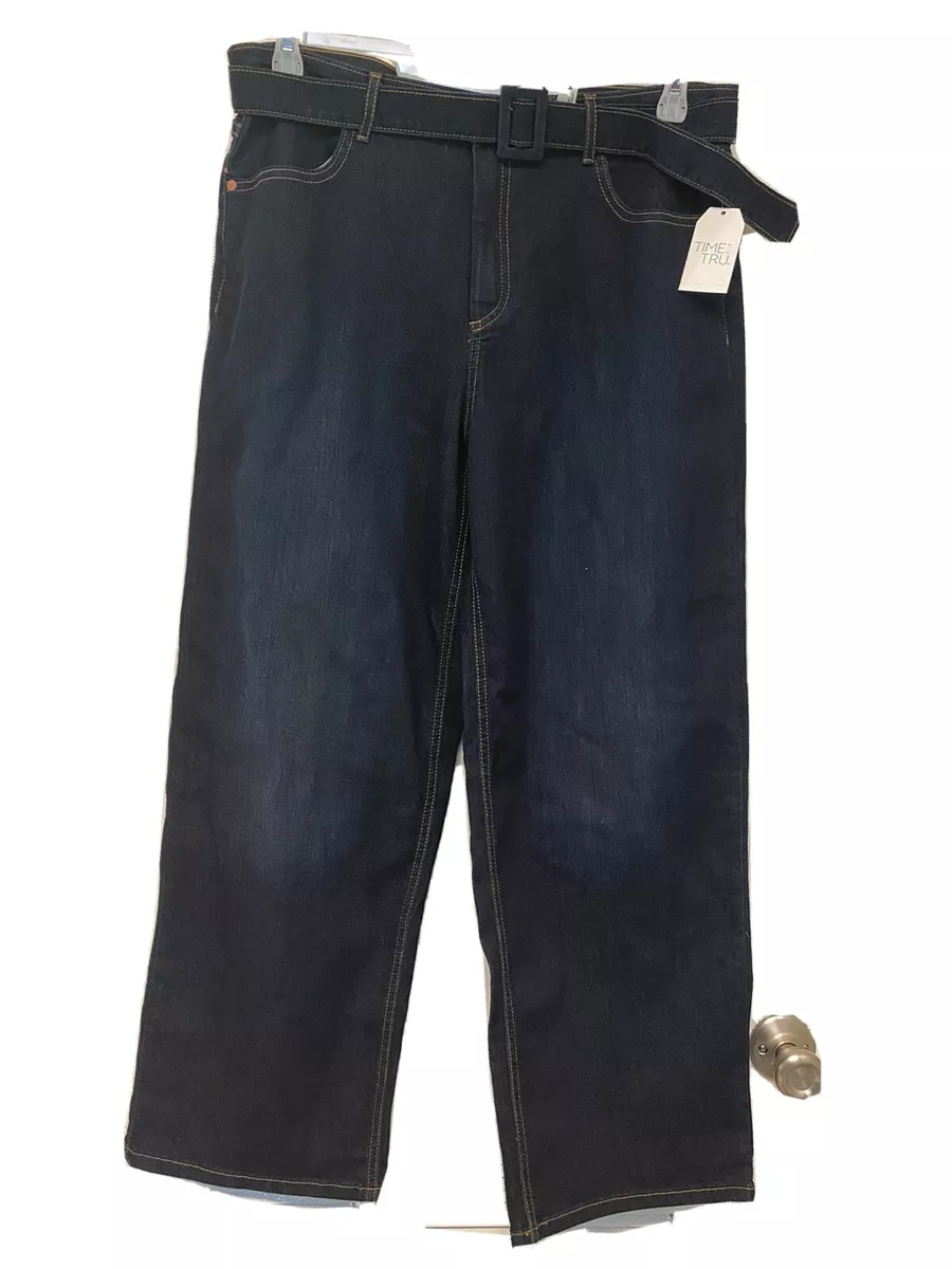 NWT WOMENS TIME AND TRU DARK DENIM WASH TT HR SELF BELT JEAN WIDE LEG SIZE 6