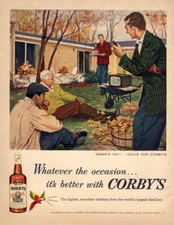 Whatever the occasion Corby's Whiskey ad 1956 men outdoors watch football on tv
