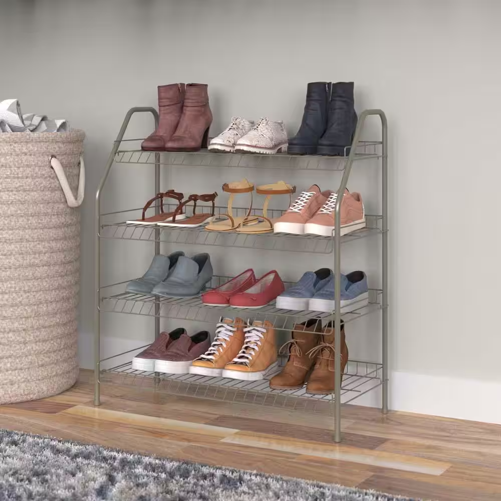 4Tier Wire Shoe Rack Storage Organizer Shelf Nickel Steel Garage - Main Image