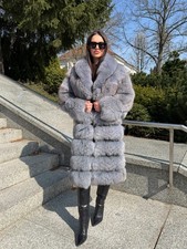 Luxury Gray Real Fox Fur Coat Long Jacket Saga Furs Silver New like Sable XS S