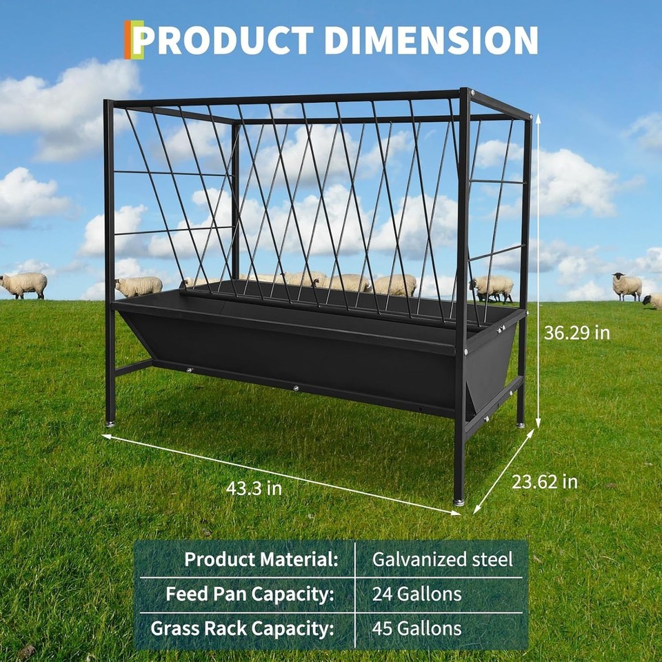 Pasture Hay Livestock Feeder 45 Gallon Heavy-Duty Hay Grain w/ 24Gallon ...