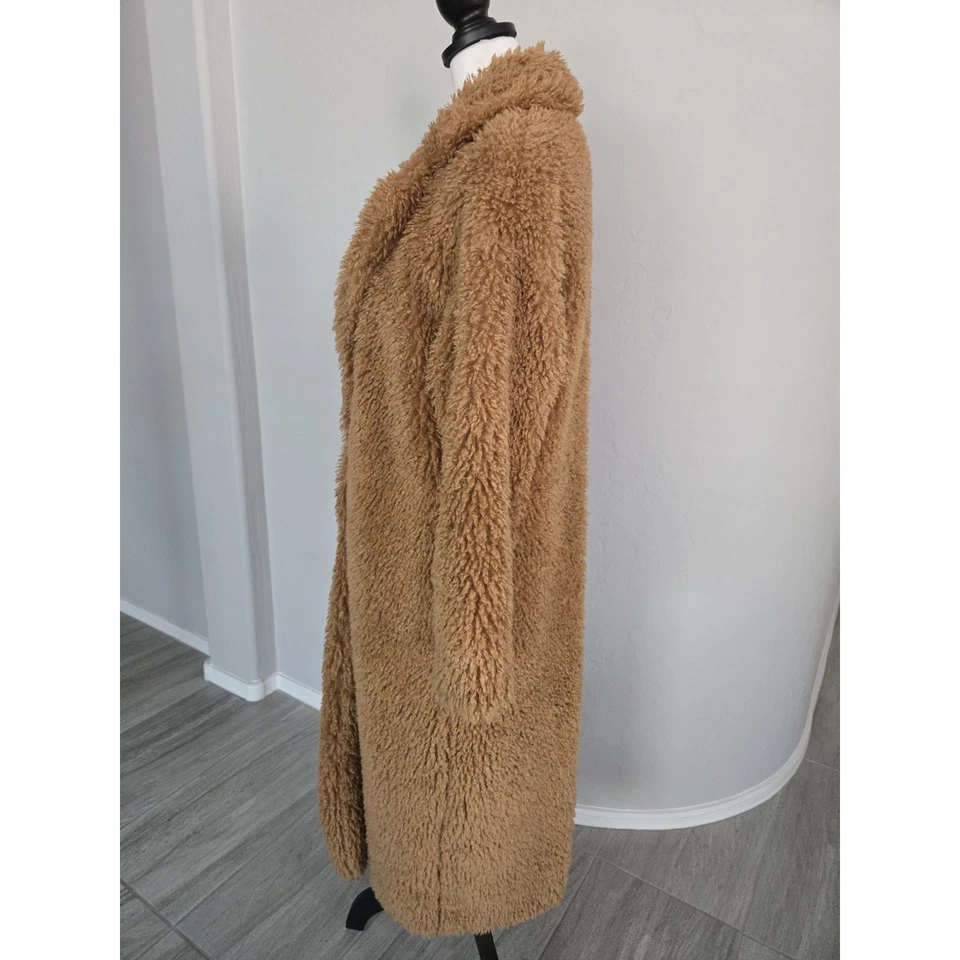 Sugar Poison Faux Fur Long Coat Jacket Trench Tan Shaggy Oversized Sz S - Image 3 of 4
