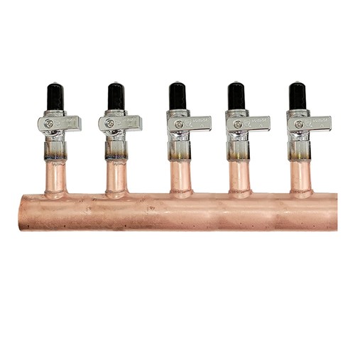 5 Loop 1" Copper Radiant Manifold w/ 1/2" Pex Crimp Mini-Ball Valve Fittings