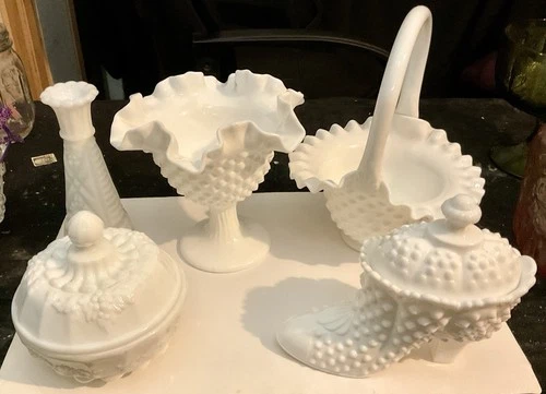 Vintage Fenton Hobnail Milk Glass Lot Candy Dish Basket Compote 5 Pieces