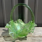 Vintage FENTON Green Glass Braided Rope Handle Ruffle Edge Basket Candy Decor