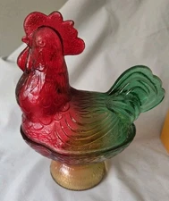 Rooster on Pedestal Green  Red Amber Glass Covered Candy Dish