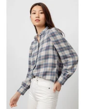 Rails Angelica Flannel Shirt XS Plaid Puff Sleeve Natural Marine Pink NEW NWT