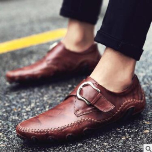 Men's Leather Shoes Casual Driving Shoes Handmade England Loafers Round Head Low - Picture 23 of 27
