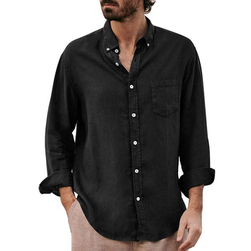Mens Casual Cotton Linen Shirt Long Sleeve Loose Blouse Button Down Shirts Tops, - Picture 13 of 17