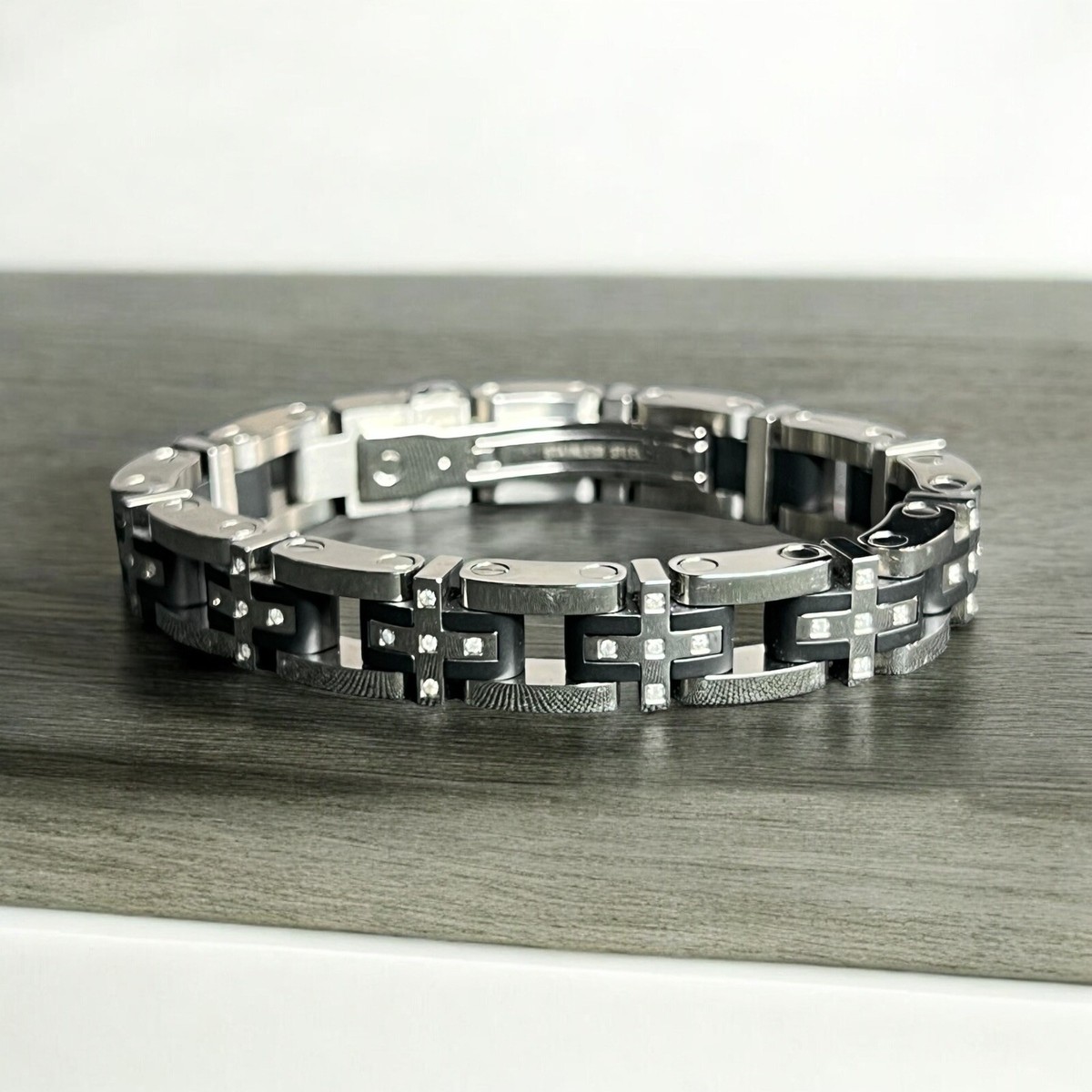 Russell Simmons Silver, Black Stainless Steel Men's Bracelet Diamond Accent  MINT