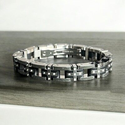 Russell Simmons Silver, Black Stainless Steel Men's Bracelet Diamond Accent  MINT