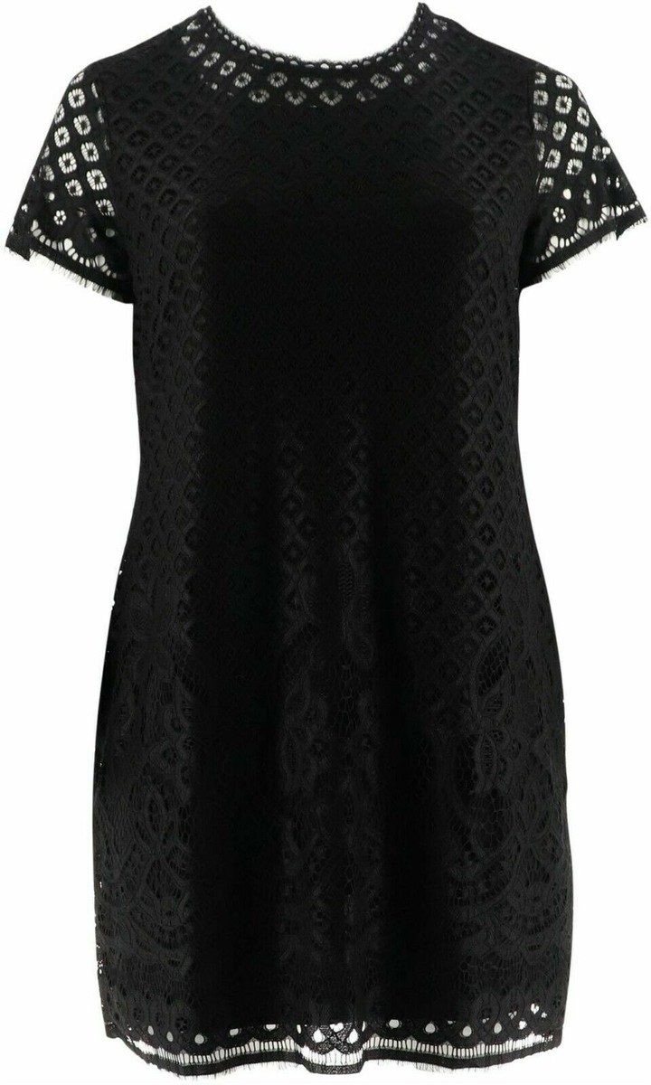 black stretch woven lace trim dress Lace Trim Gauze A Line Dress - Black