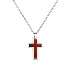 Men Women Wood Inlay Cross Pendant Religious Necklace Stainless Steel Chain 22"