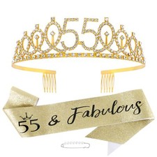 55th Birthday Sash and TiaraGold Tiara 55th Birthday Decorations for Women 55...