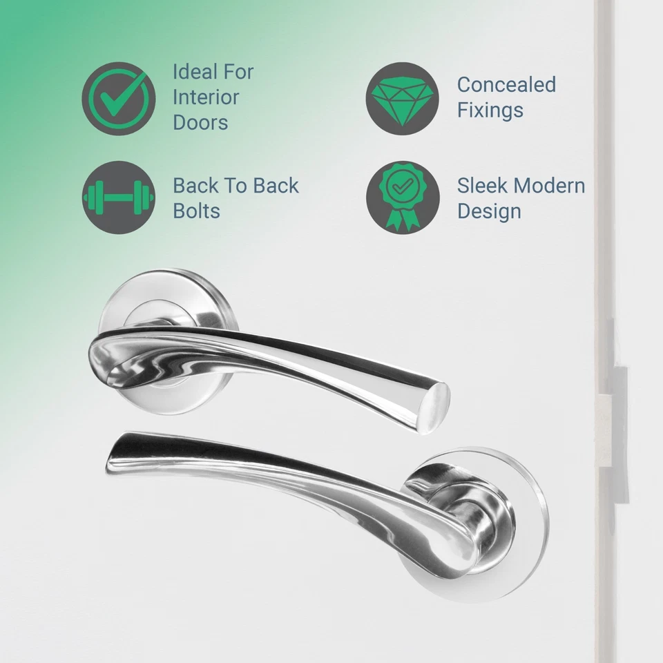 Chrome Internal Door Handles, Curved Polished Bathroom, Latch & Key Lock Sets - Image 2 of 4