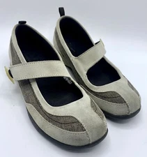 Lands End Women's Canvas & Suede Button Loop Mary Jane Shoes sz 8 1/2B (S1115)