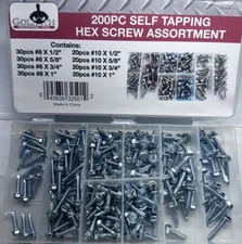 200pc Self Tapping Hex Screw Assortment Kit 8 different sizes SS200