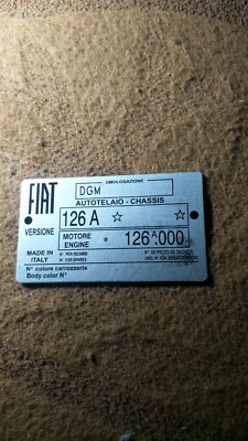 Typenschild id-plate Chassis Fiat 126A Motor 126 A Maluch Schild Plakette s55