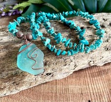 Wire Wrapped Aqua Turquoise Sea Glass Necklace 24" Stone Beaded Beach Jewelry