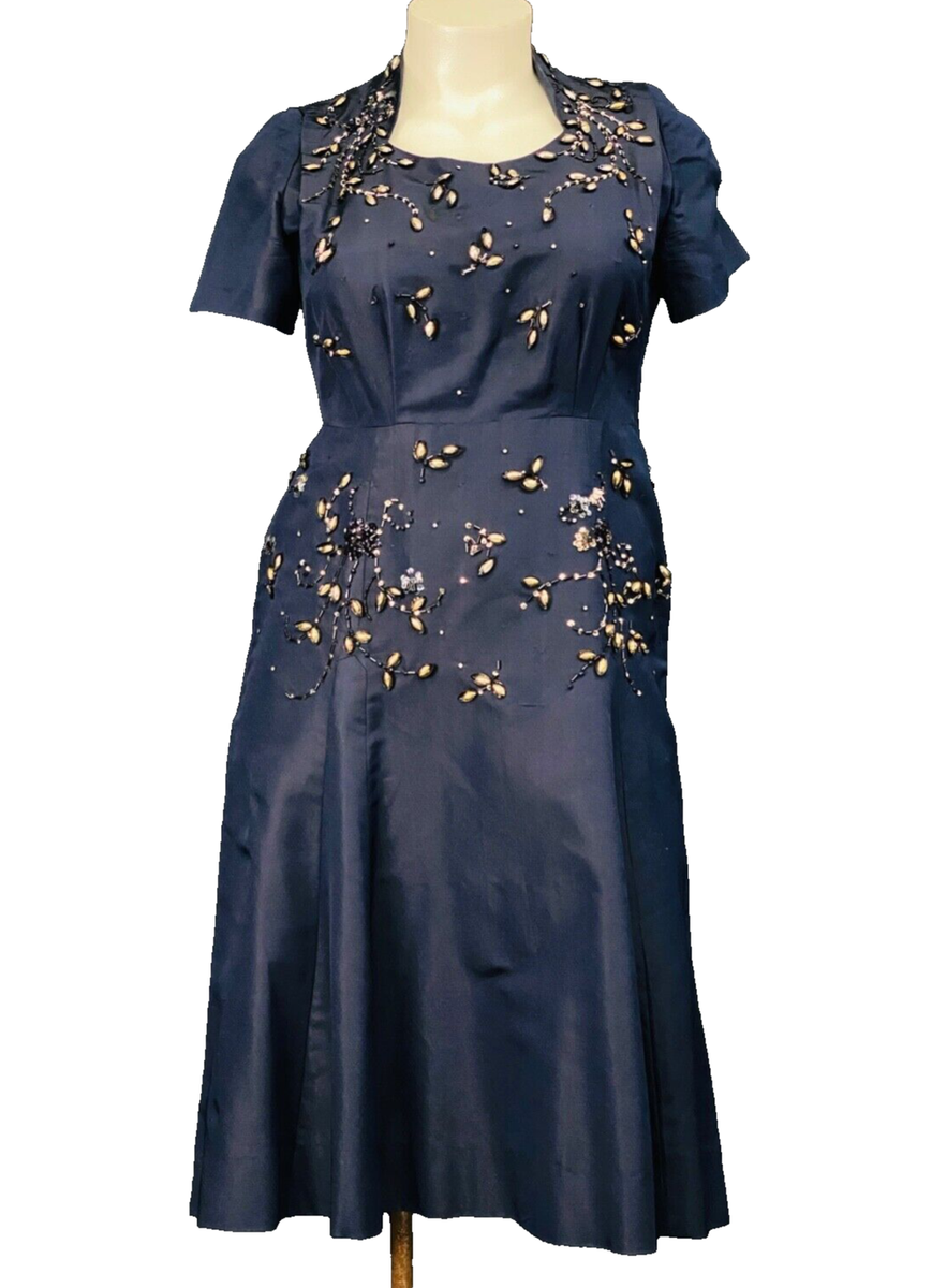 Vintage 1940s navy beaded dress, sequin short sleeve silk formal L XL plus size Vintage 1940s navy beaded dress, sequin short sleeve silk formal L XL plus size