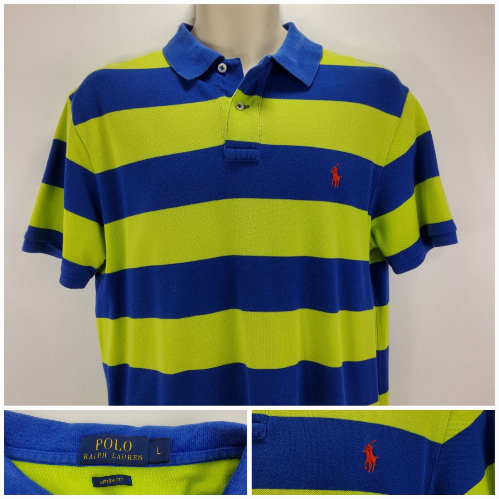 Ralph Lauren Custom Fit Polo Shirt Blue Green Stripes Cotton UK Size L-image