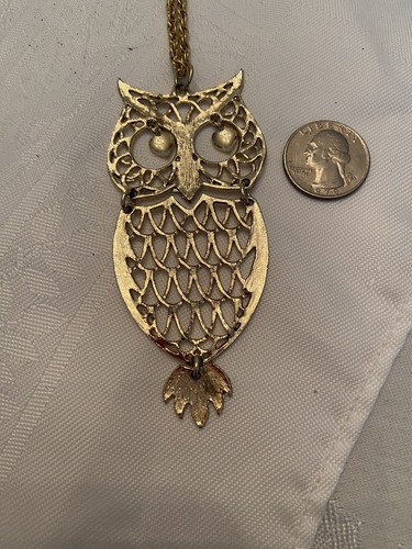 Mid-Century Boho Large OPENWORK GOLD TONE Articulated OWL PENDANT Necklace - 第 2/3 張圖片