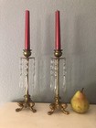 Pair Antique Lion Paw Foot Gilt Metal Candlesticks W/ Prisim Crystals